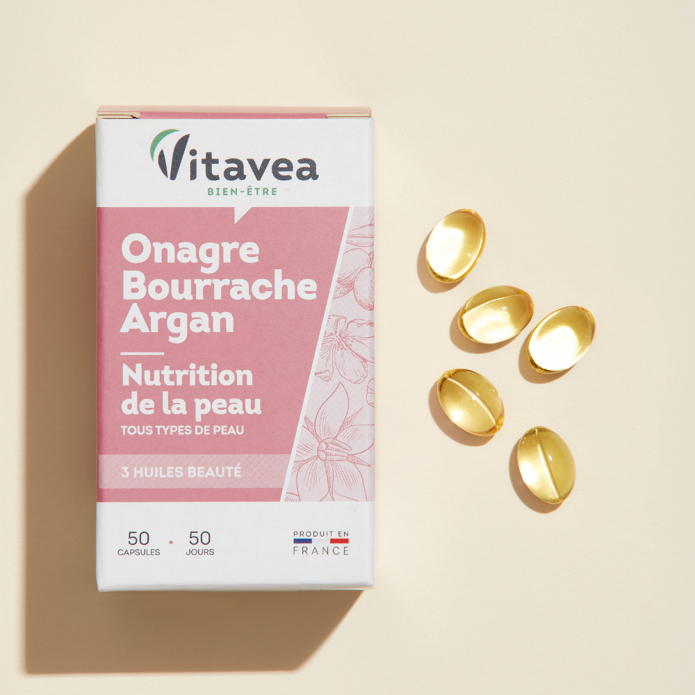 Onagre Bourrache Argan VITAVEA Bien-être, une cure de 50 jours en capsules pour une peau nourrie et éclatante.