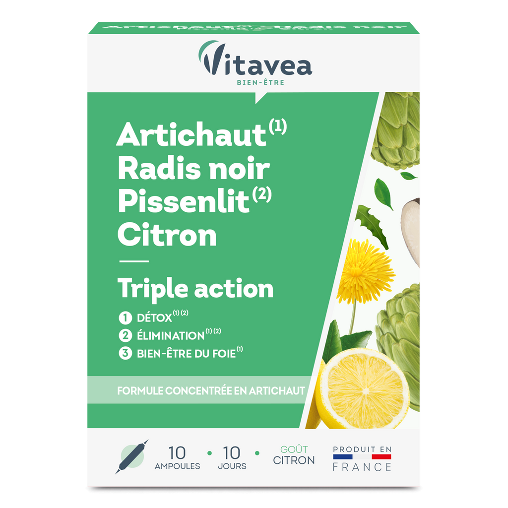 Artichaut Radis noir Pissenlit Citron VITAVEA Bien-être, un complément alimentaire en ampoules pour une cure de 10 jours.