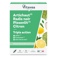 Artichaut Radis noir Pissenlit Citron VITAVEA Bien-être, un complément alimentaire en ampoules pour une cure de 10 jours.