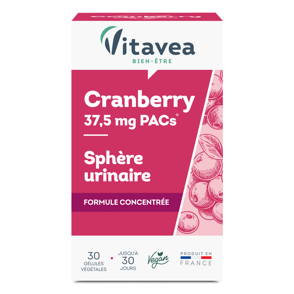 Cranberry 37,5 PACs VITAVEA Bien-être, un complément alimentaire en gélules pour une cure allant jusqu'à 30 jours.