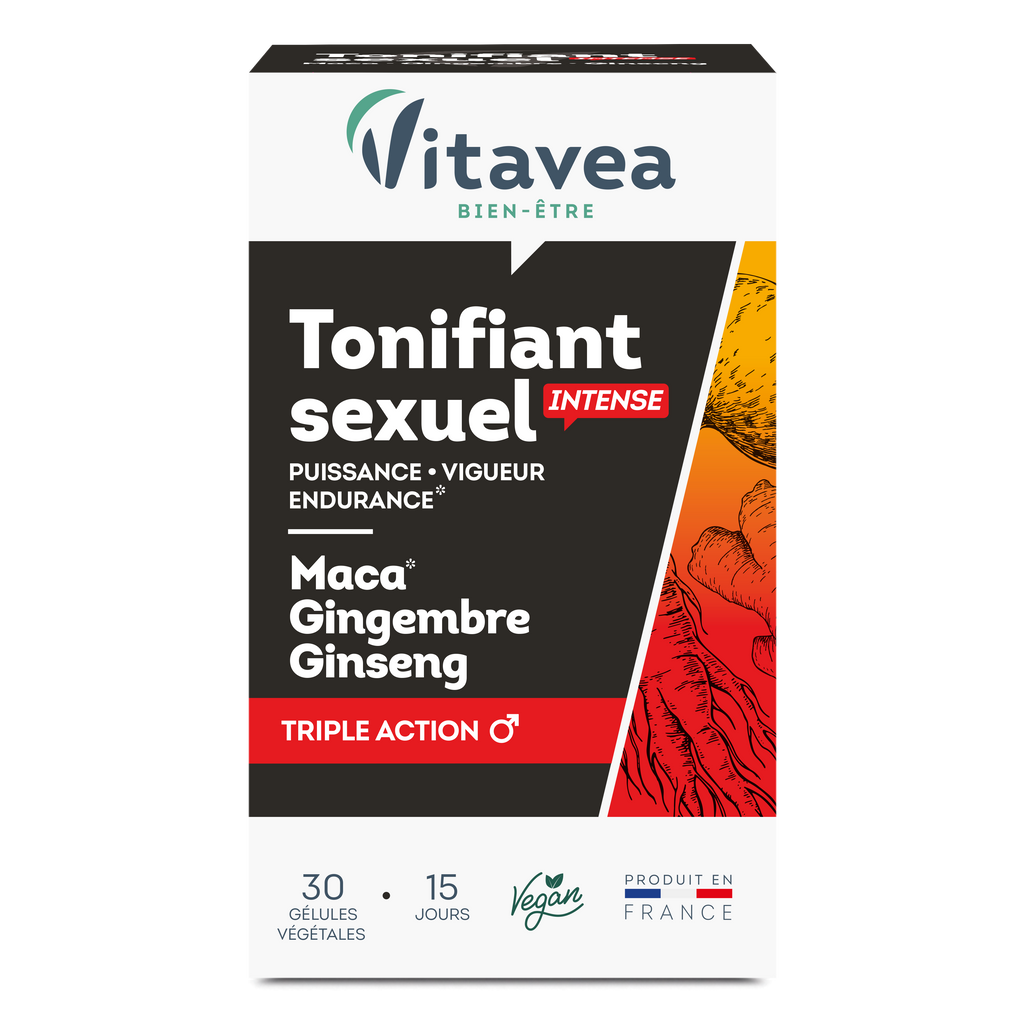 Tonifiant Sexuel Intense VITAVEA Bien-être, un complément alimentaire en gélules pour une cure de 15 jours.