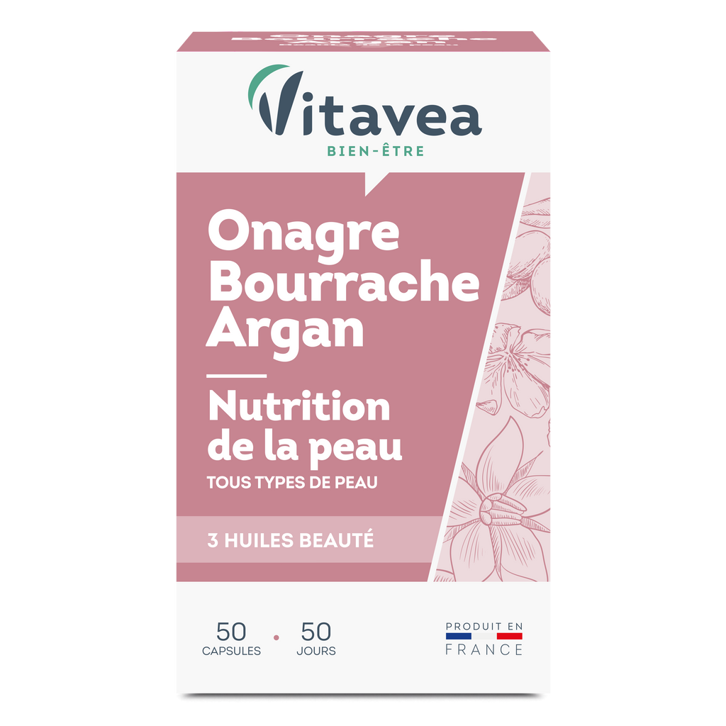 Onagre Bourrache Argan VITAVEA Bien-être, un complément alimentaire en capsules pour une cure de 50 jours.