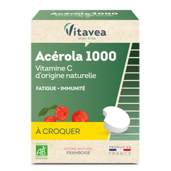 Vitamine C 100% d'origine naturelle BIO VITAVEA Bien-être, un complément alimentaire en comprimés à croquer pour une cure allant jusqu'à 28 jours.